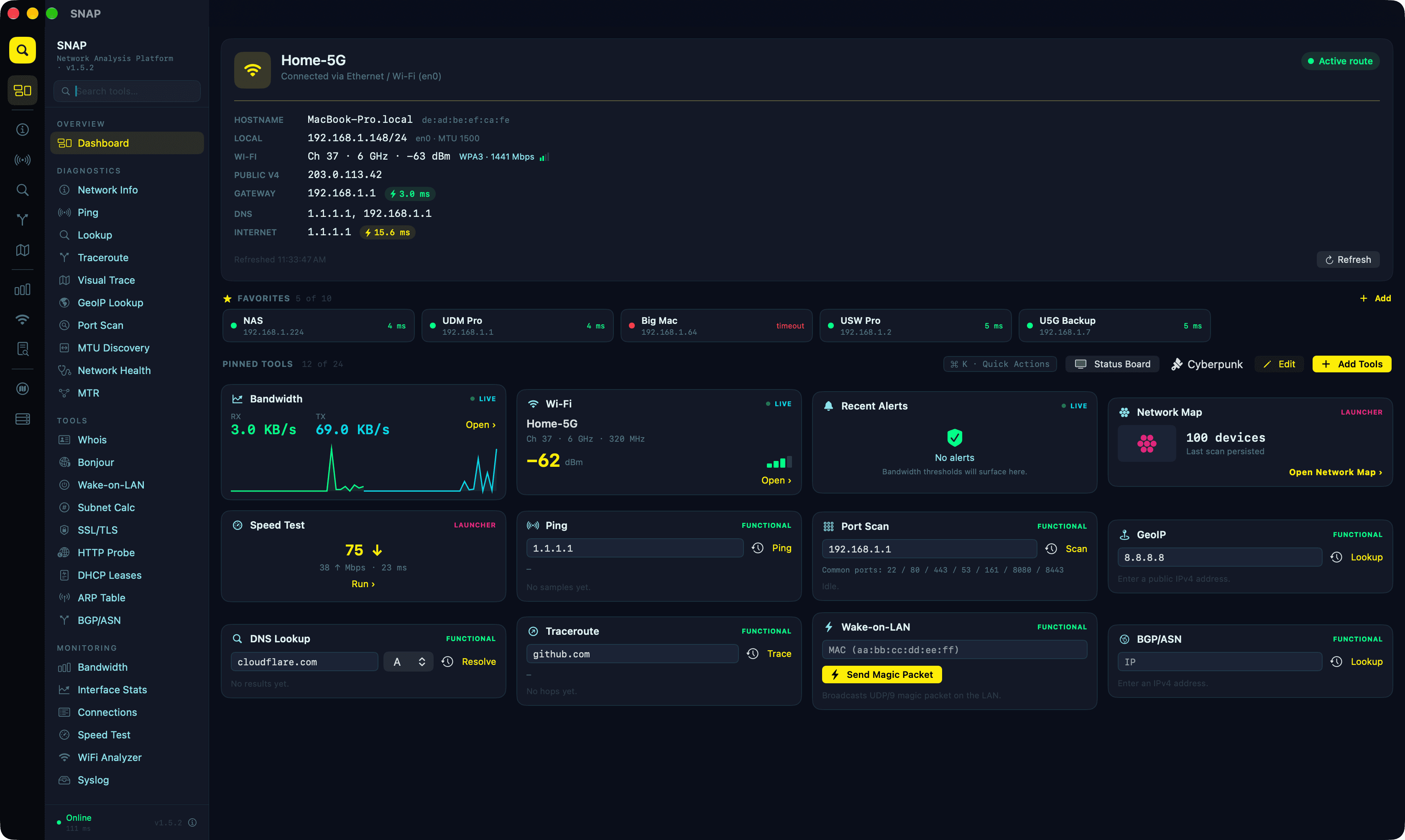 SNAP dashboard with connection summary and pinned tool cards